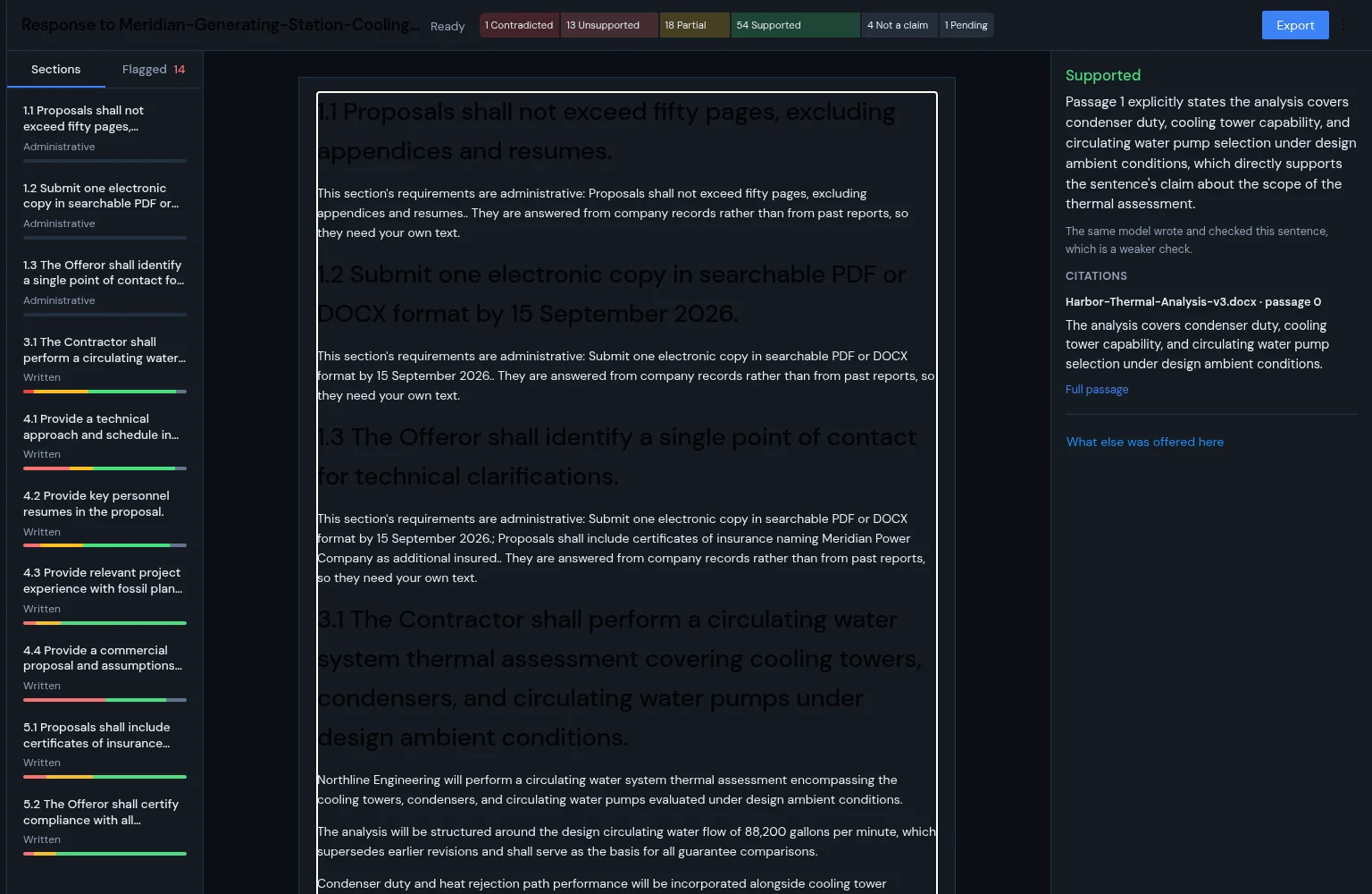 Draft workspace in dark mode with verdict bands and pinned evidence